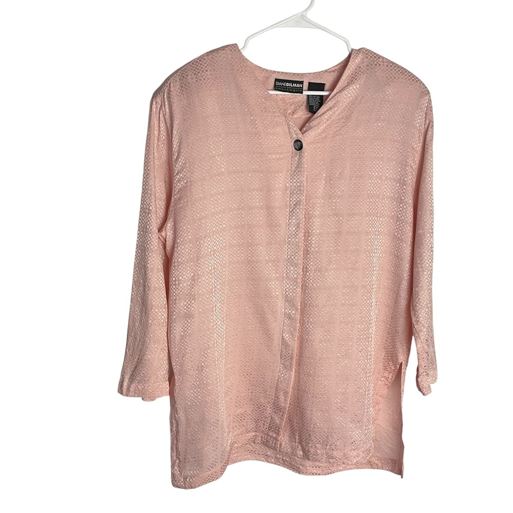 Vtg Diane Gilman Womens Silk Jacquard‎ Tunic Blouse Size M Pink Button Up 90s